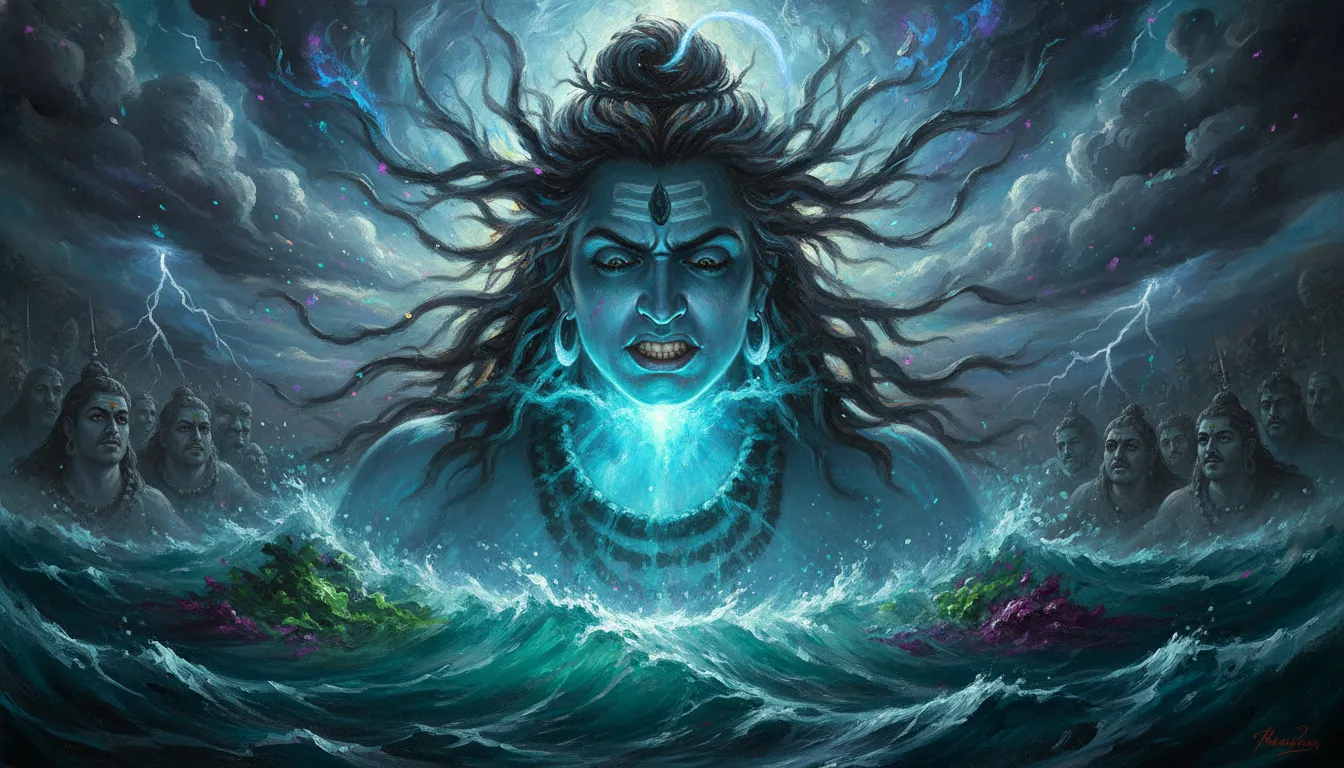 Lord Shiva as Neelkanth with a glowing blue throat and an intense expression.