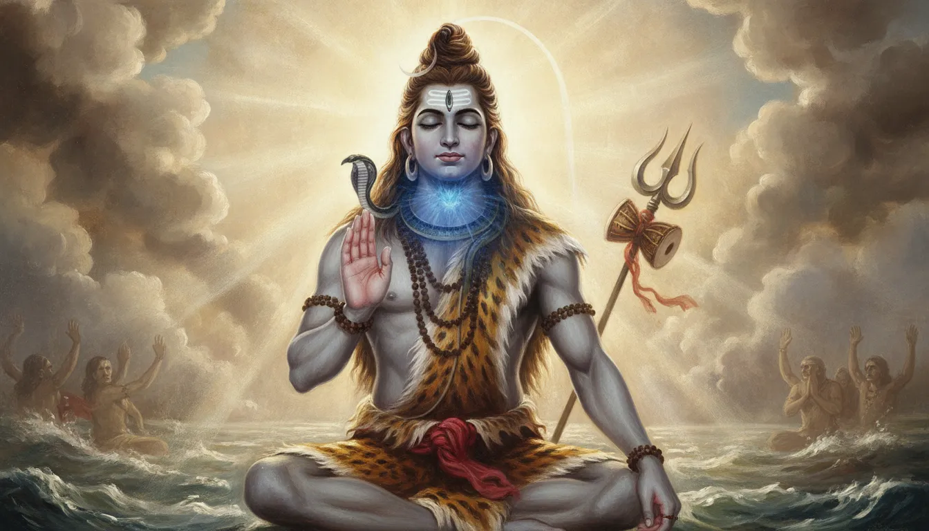 A dramatic drawing of Mahadev as Neelkanth drinking the Halahala poison.