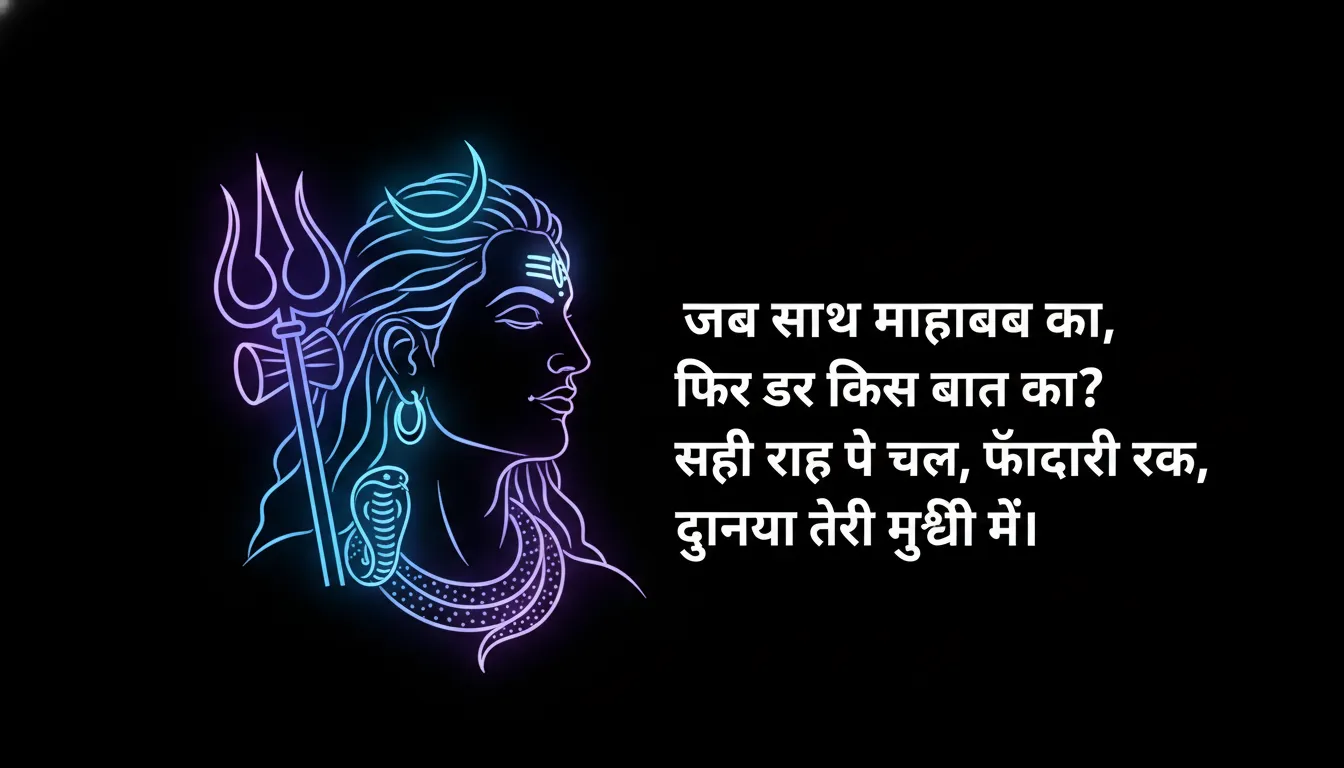 Modern neon style Mahadev silhouette vector line art with trendy shayari