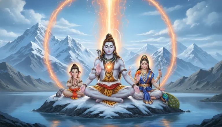 Meditative Mahadev Parivar photo showing Shiva and family in a calm spiritual pose.