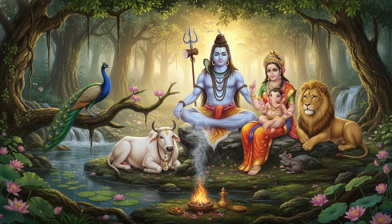 Mahadev Parivar photo including Nandi, Mushak, and Peacock vahanas.