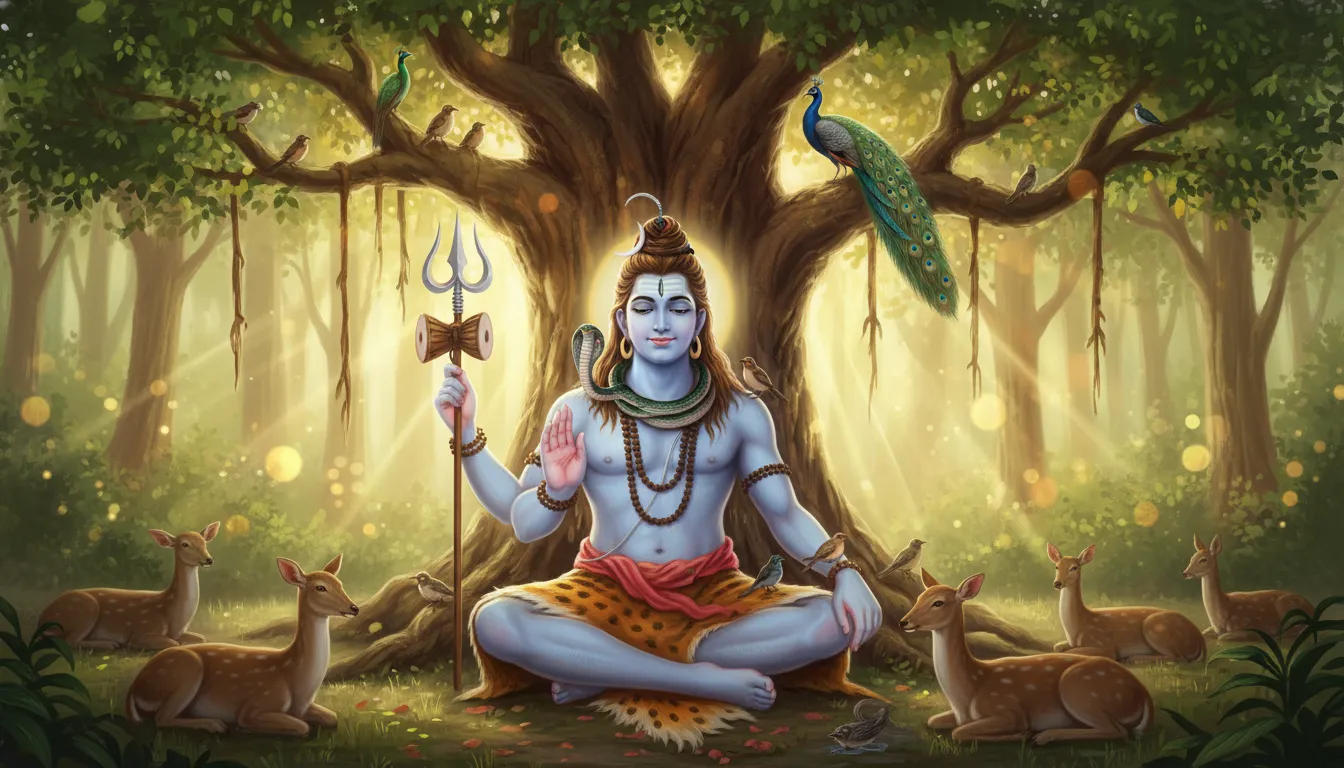 Lord Shiva as Pashupatinath meditating peacefully surrounded by gentle forest animals and deer.