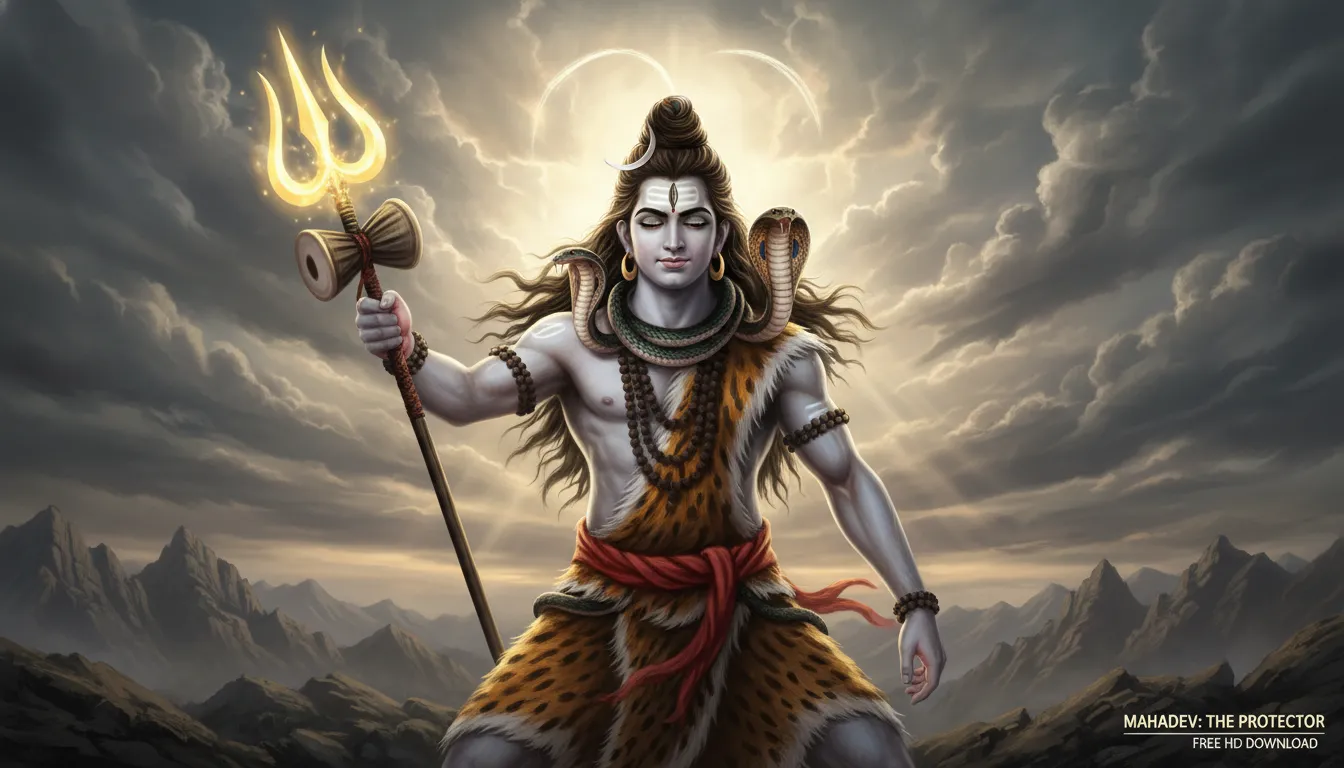 Mahadev protective pose with trishul raised and serpent hood open, guarding devotees