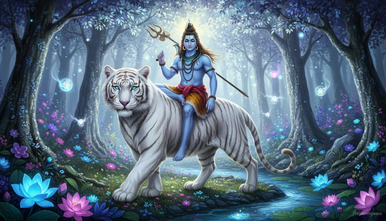 Mahadev riding white tiger in magical fantasy forest art