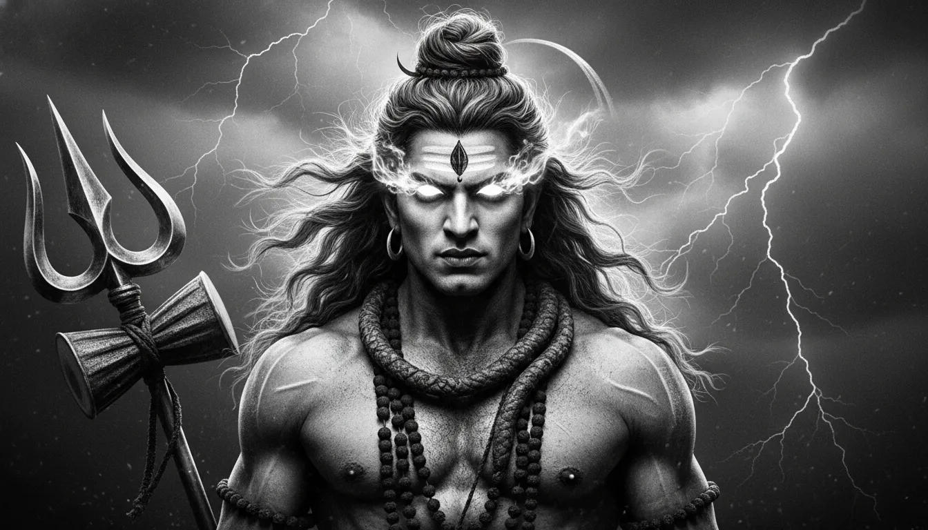 Powerful and fierce black and white portrait of Lord Shiva Rudra avatar with intense expressions