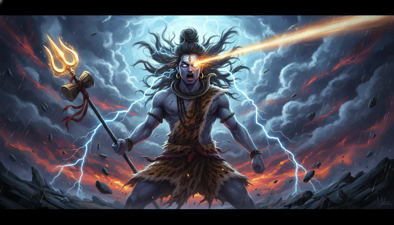 Angry Lord Shiva Rudra avatar digital painting with intense third eye activation.