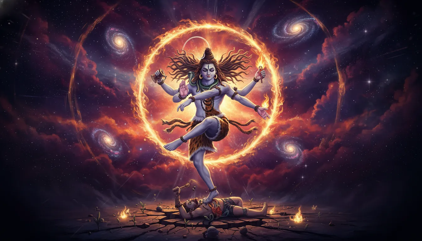 Powerful mahadev background photo depicting Lord Shiva performing the energetic Rudra Tandava dance surrounded by cosmic fire and galaxies.