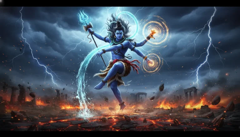 Lord Shiva performing fierce Rudra Tandava dance with Trishul amidst lightning and dark clouds.