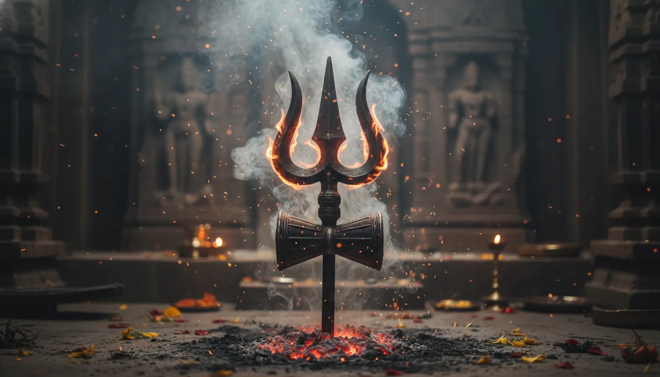 Powerful trishul surrounded by cinematic flames and holy ash smoke.
