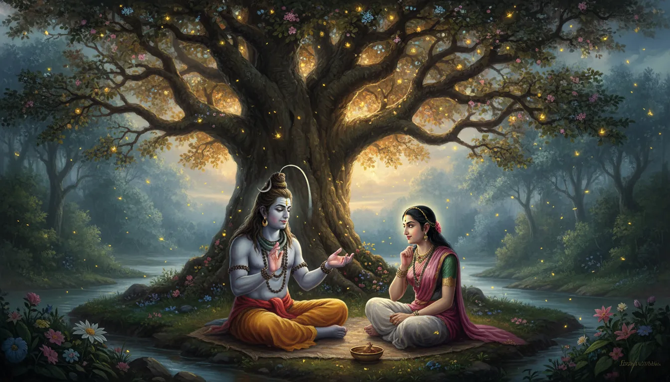 Lord Shiva explaining spiritual secrets to Mata Sati under a blooming banyan tree