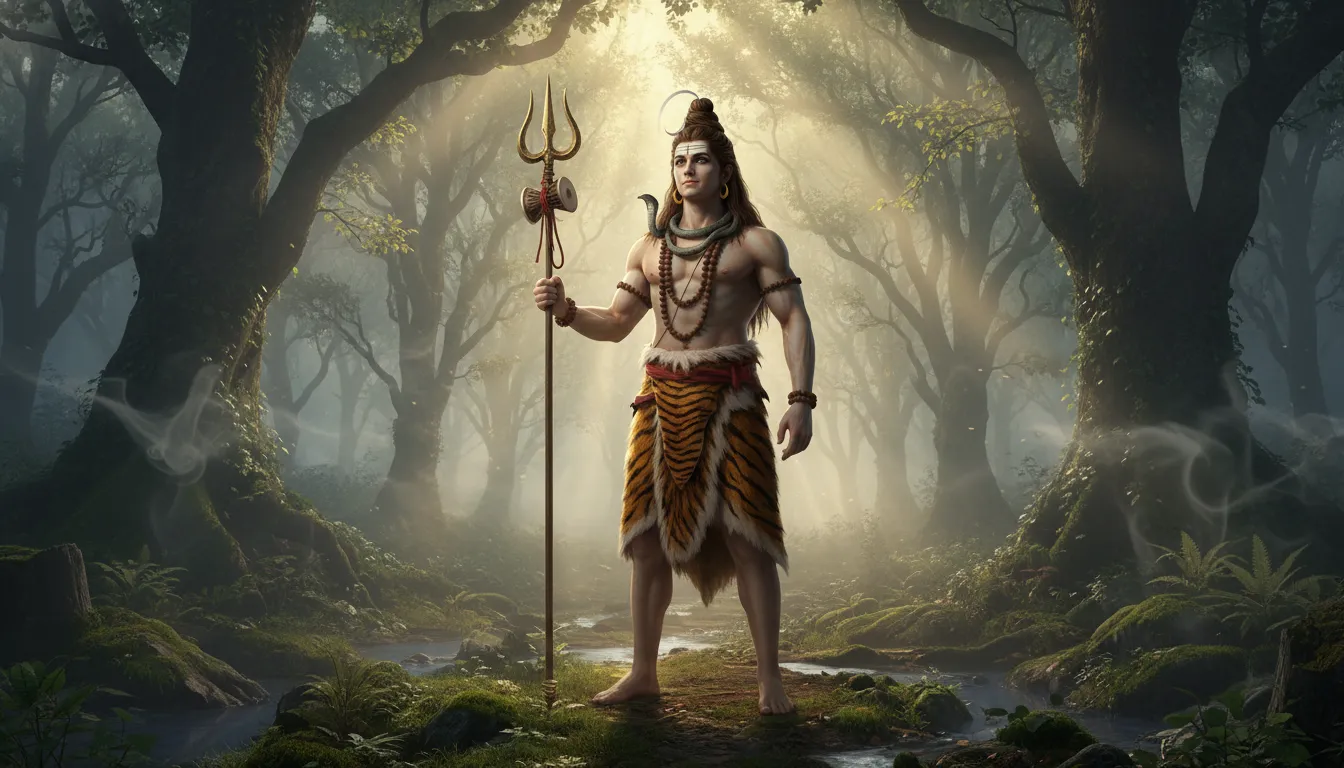 Lord Shiva standing with Trishul in a mystical foggy forest