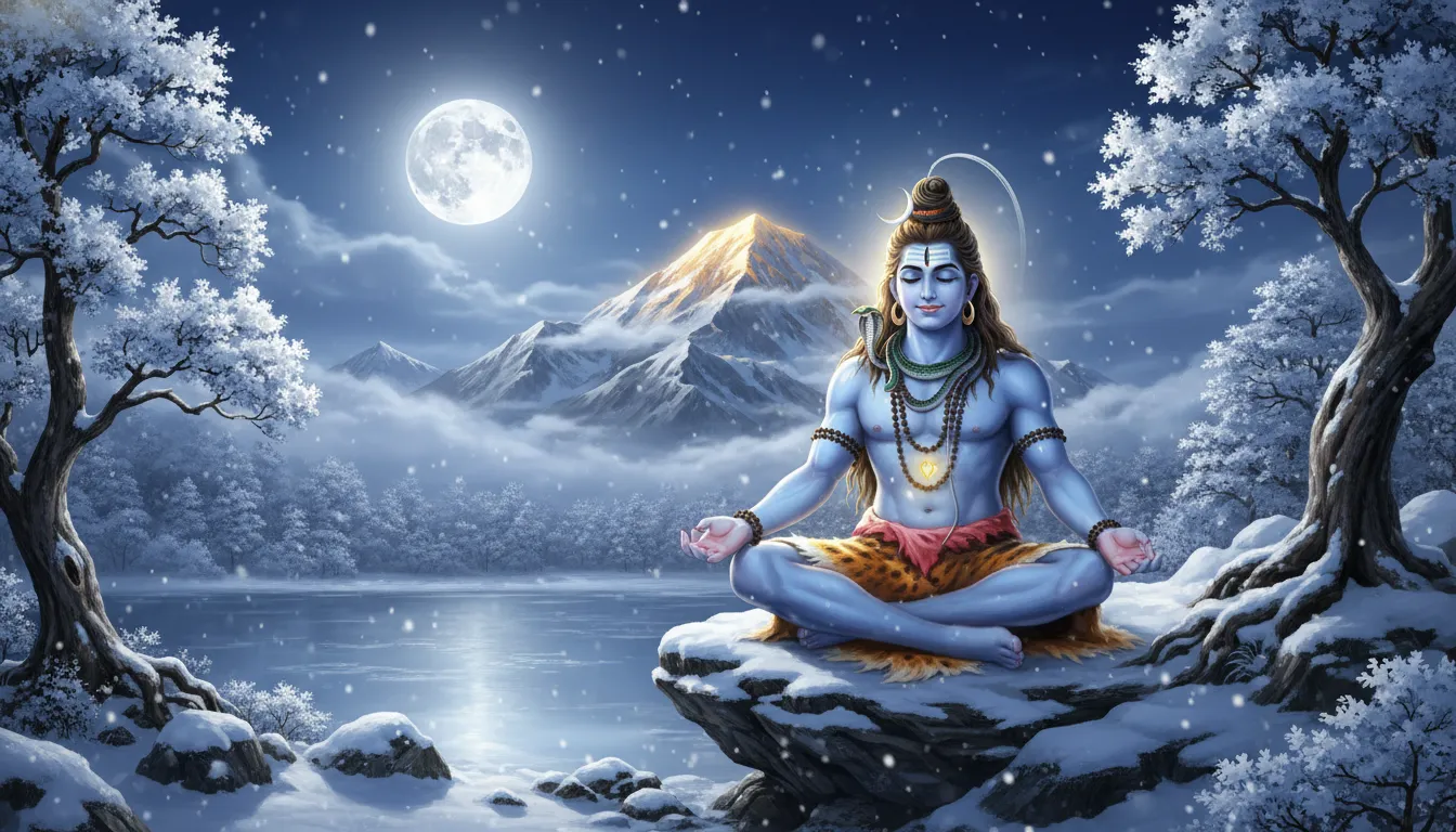 Peaceful Lord Shiva meditation artwork with snowy mountains and moonlight background.
