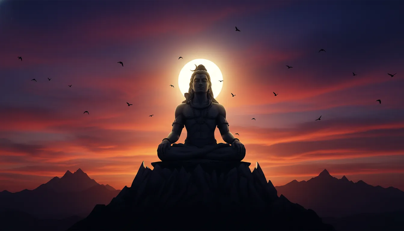 Aesthetic silhouette of Lord Shiva meditating against a dramatic sunset sky.