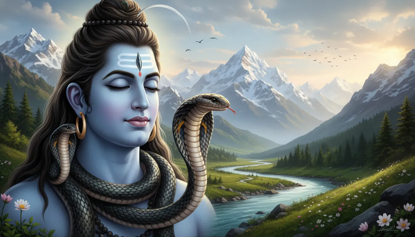 Mahadev with snake near lotus lake peaceful nature landscape