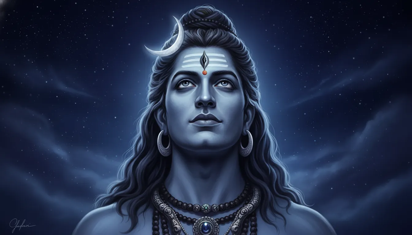 Spiritual portrait of Mahadev with a silver crescent moon in his hair and traditional jewelry