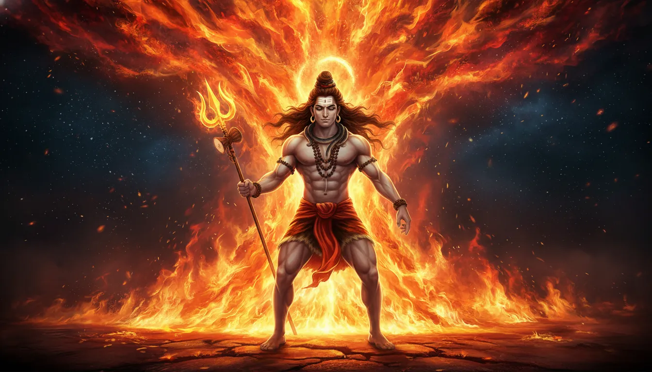 Mahadev surrounded by roaring flames and cosmic fire representing divine energy