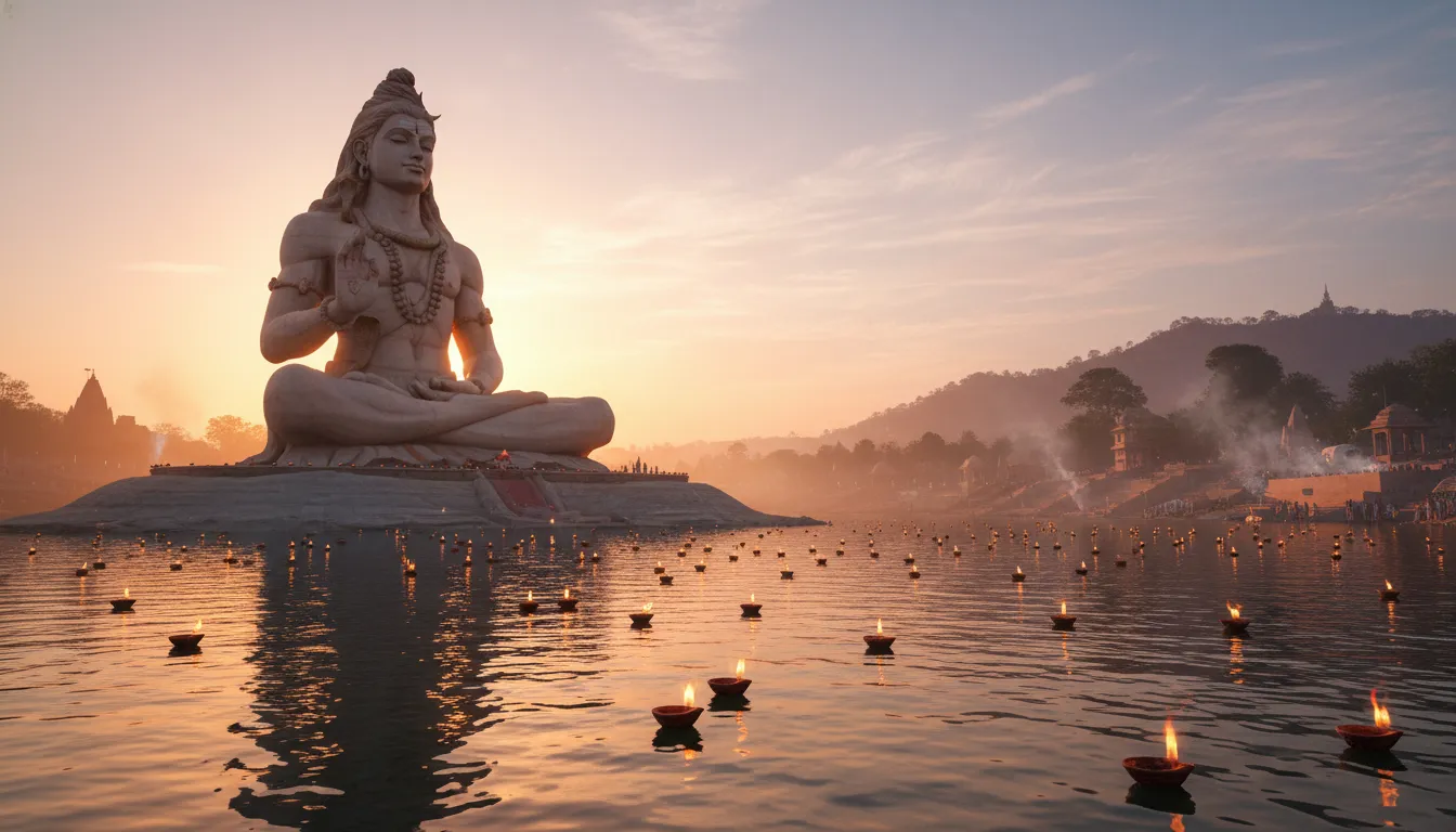 Picturesque mahadev background photo capturing a majestic Shiva statue at a Ganga ghat during a warm golden hour sunset.