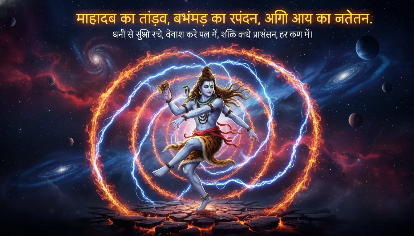 Lord Shiva performing Nataraja cosmic tandav dance with energetic shayari