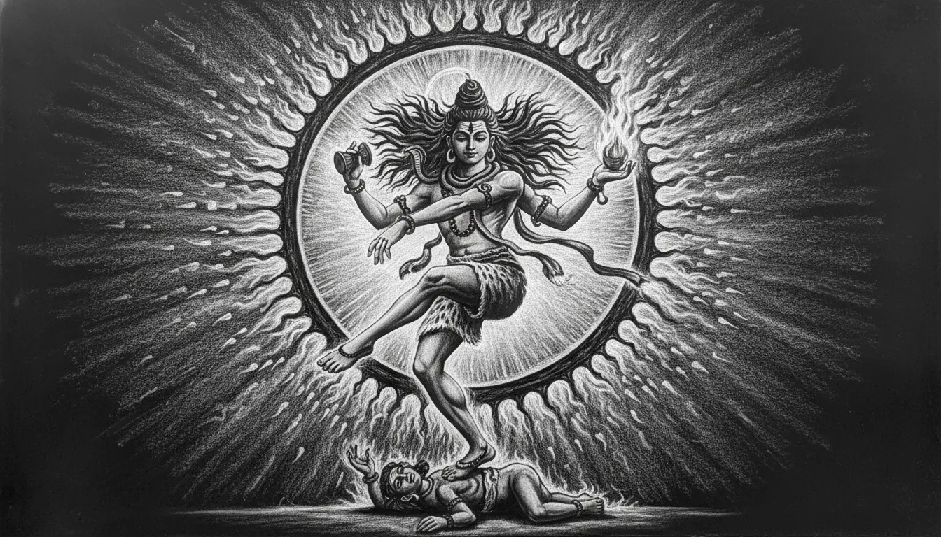 Charcoal drawing of Lord Shiva performing the cosmic Tandava dance surrounded by divine fire.