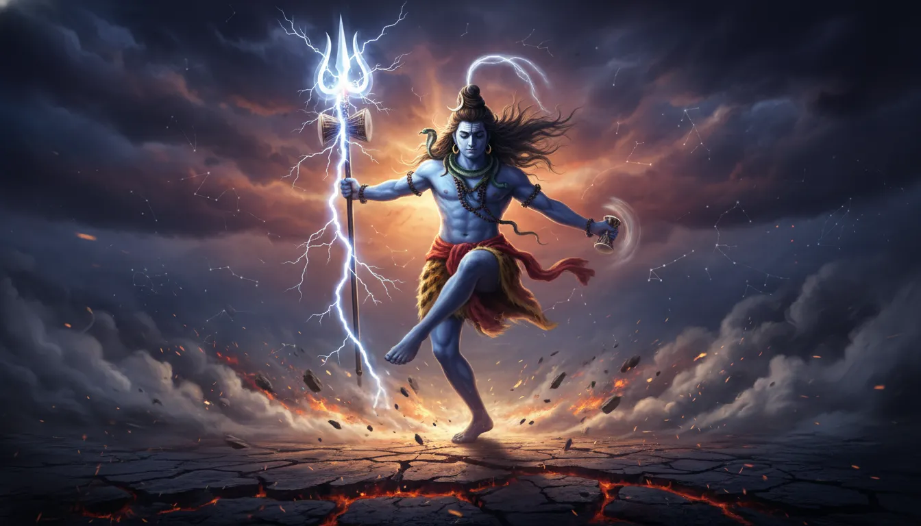 Lord Mahadev performing the energetic Rudra Tandava dance while holding a divine trident.