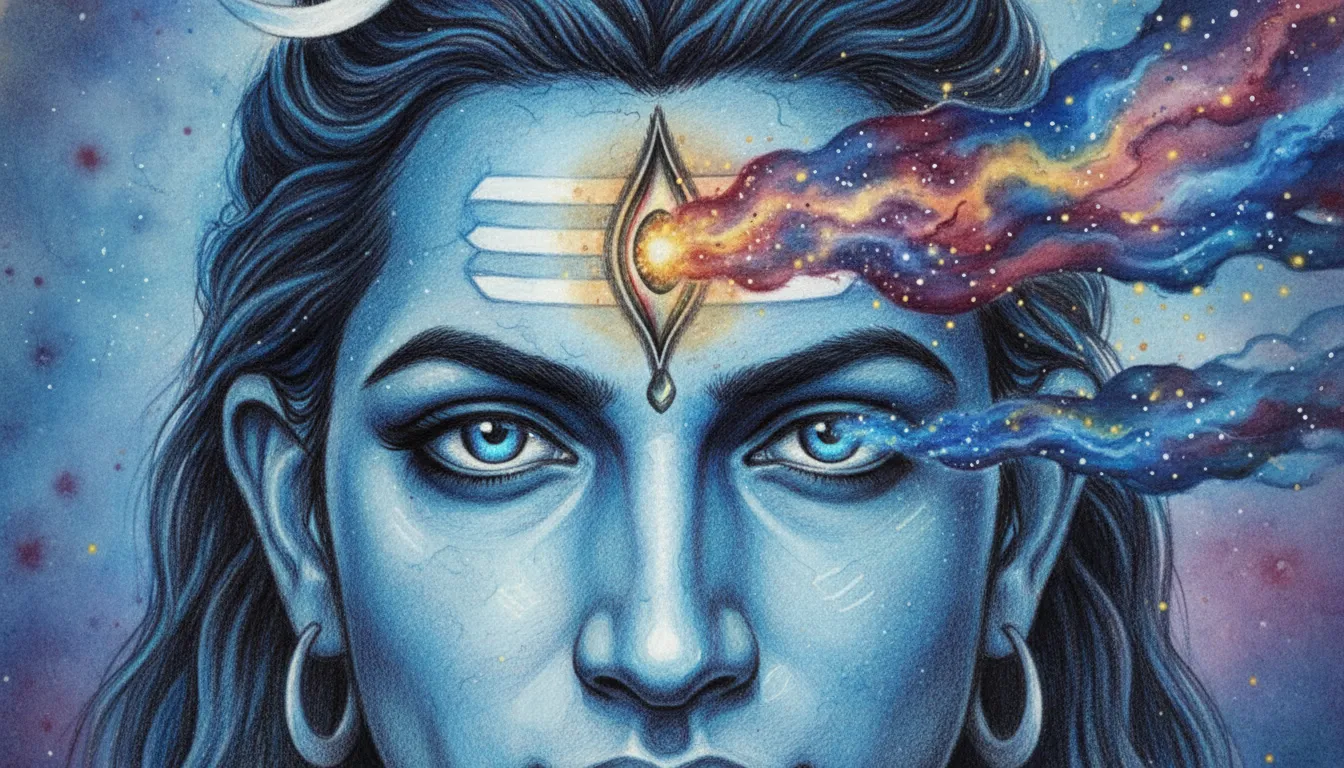 A close-up portrait drawing of Lord Shiva opening his third eye with cosmic energy patterns.