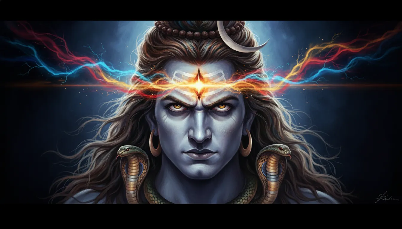 Close up of Lord Shiva with his third eye open emitting fire and intense energy.