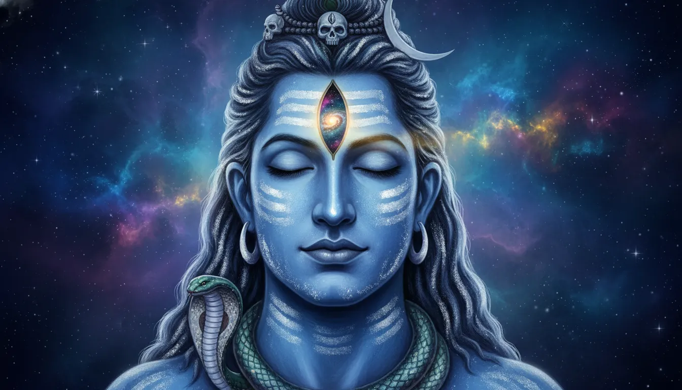 Abstract digital art of Lord Shiva with his third eye opening, revealing a beautiful galaxy inside.