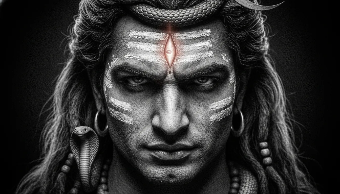 Dramatic cinematic black and white image of Lord Shiva third eye opening with subtle glow