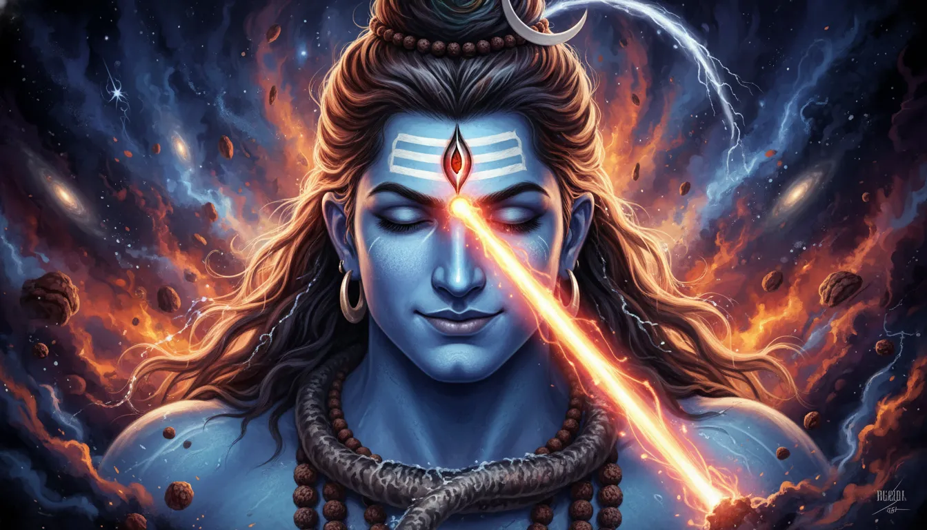 Lord Shiva opening his third eye during the fierce Tandav dance with golden fire energy.