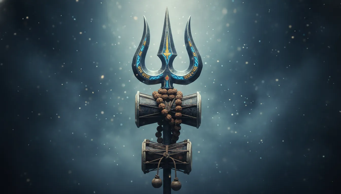Abstract artistic Mahadev Trishul with neon blue glowing light status photo.