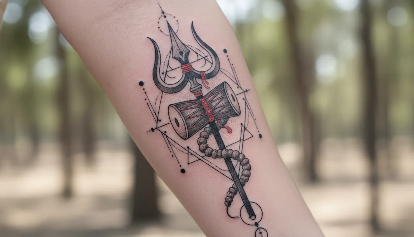 Minimalist Mahadev trishul tattoo photo with rudraksha beads on wrist