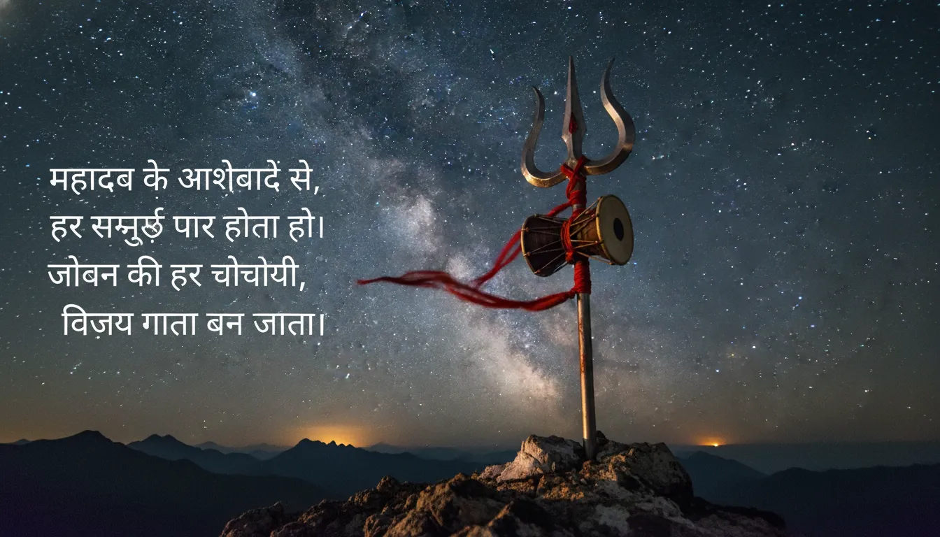 Close up shot of Mahadev trishul with damru and motivational quotes
