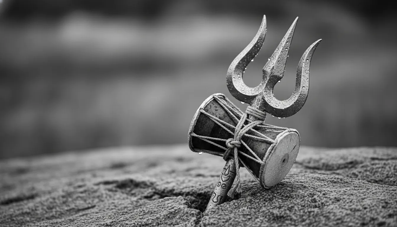 Close up shot of Lord Shiva trident trishul and damru drum in black and white style