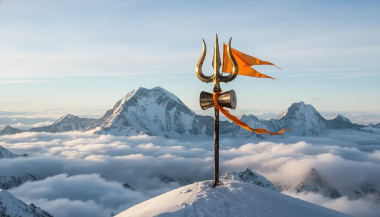 Lord Shiva trishul on top of snow-covered Himalayan mountain peak under a blue sky.