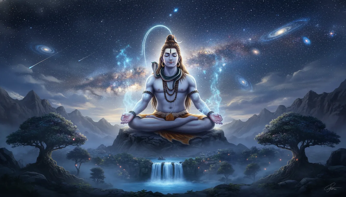 Lord Shiva meditating under starry night sky