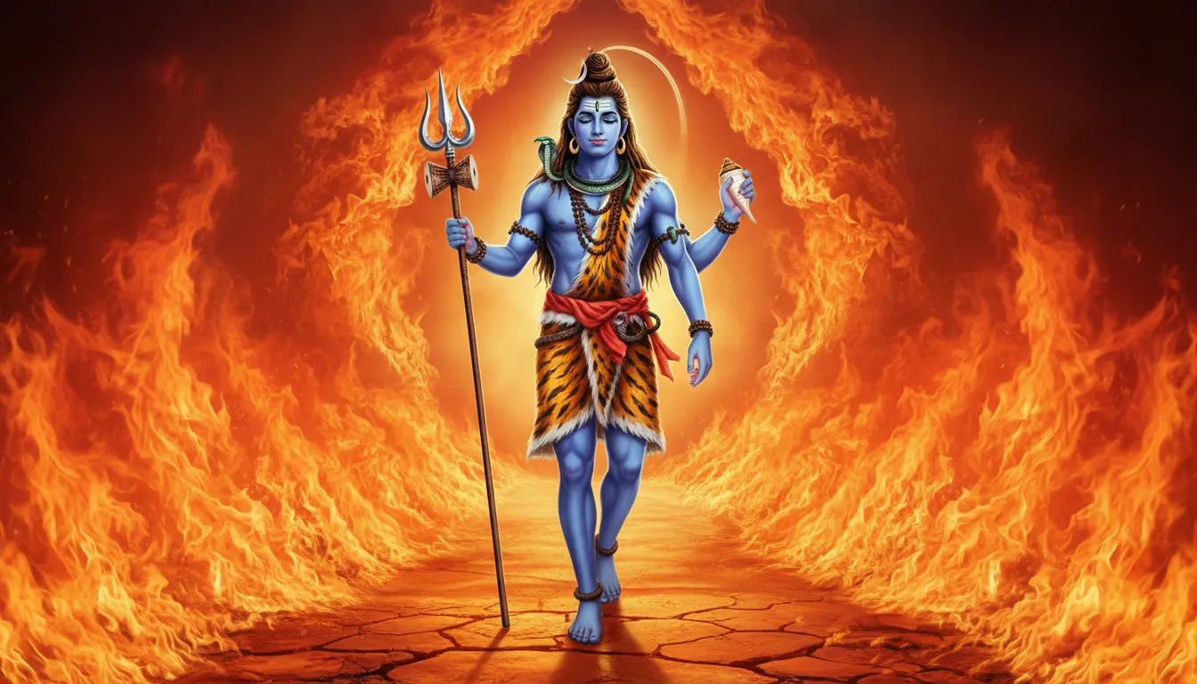 Lord Shiva walking through fire unharmed with trishul divine protection