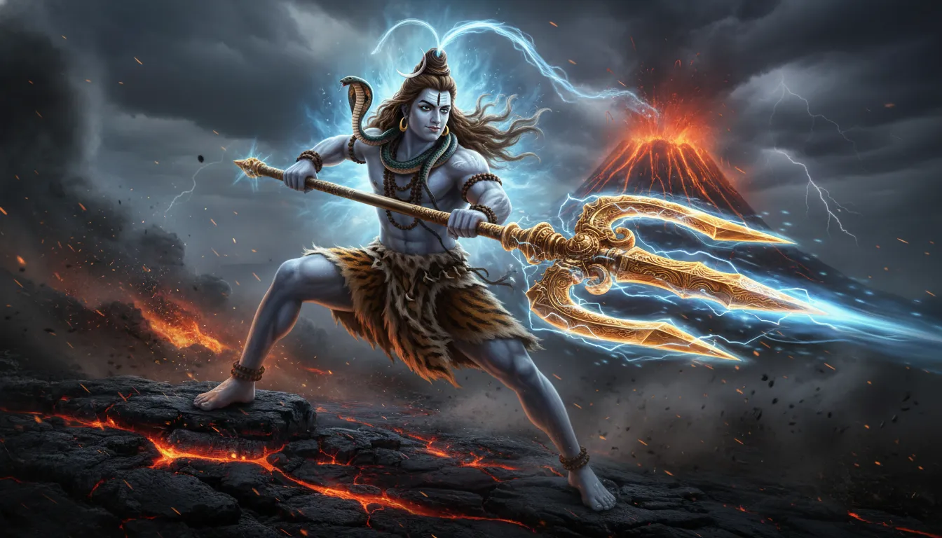 Full screen Mahadev dangerous photo hd download in warrior pose with trident.