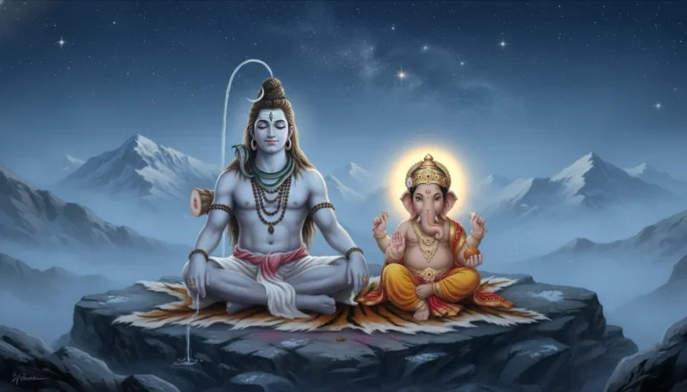 Mahadev and Ganpati photo meditating together in the snowy Himalayan mountains.