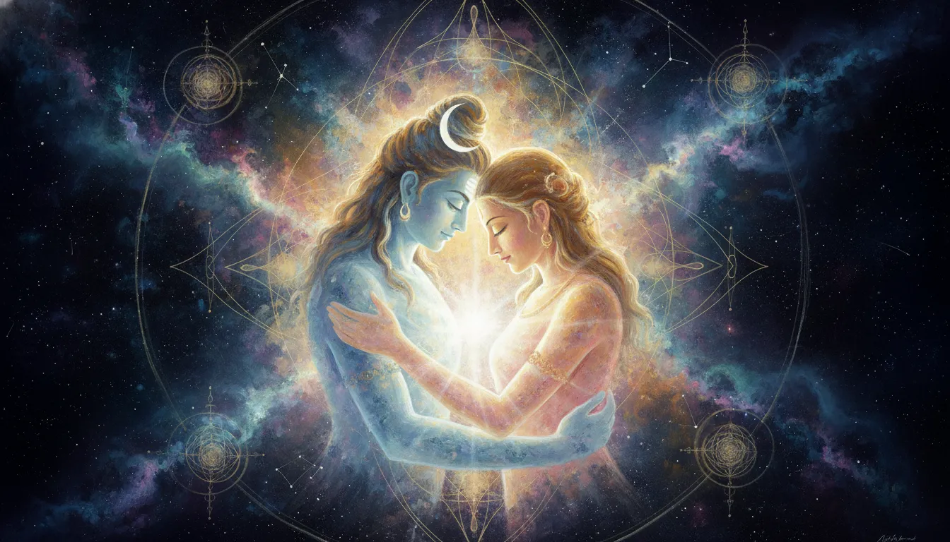 Spiritual soul connection between Mahadev and Sati represented as transparent glowing figures merging in light