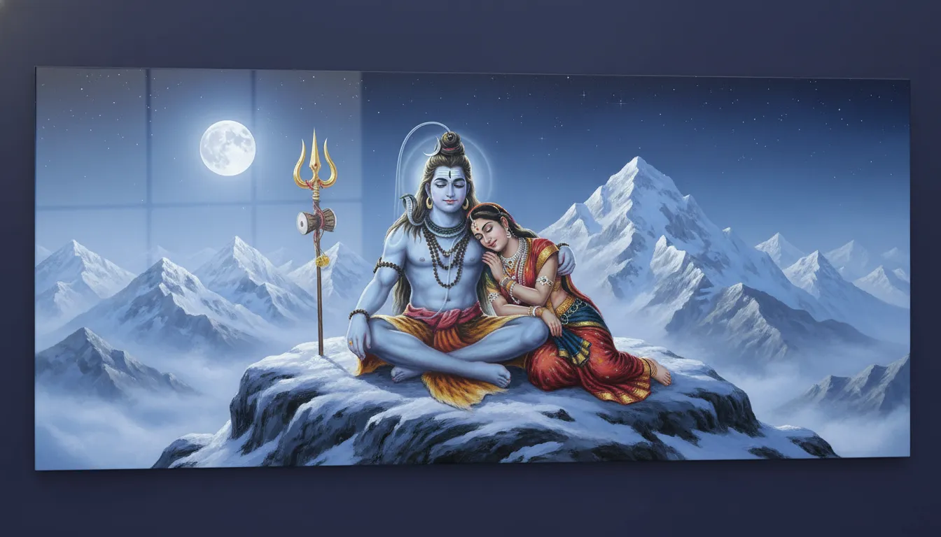 Lord Shiva and Goddess Sati sitting together peacefully on snow-covered Mount Kailash