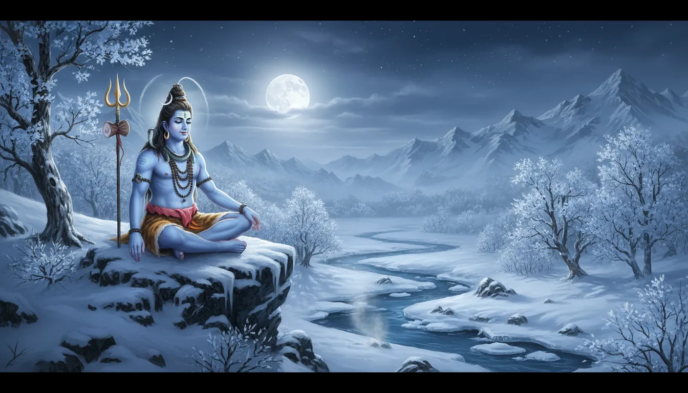 Mahadev Lord Shiva sitting in snowy mountain landscape with river