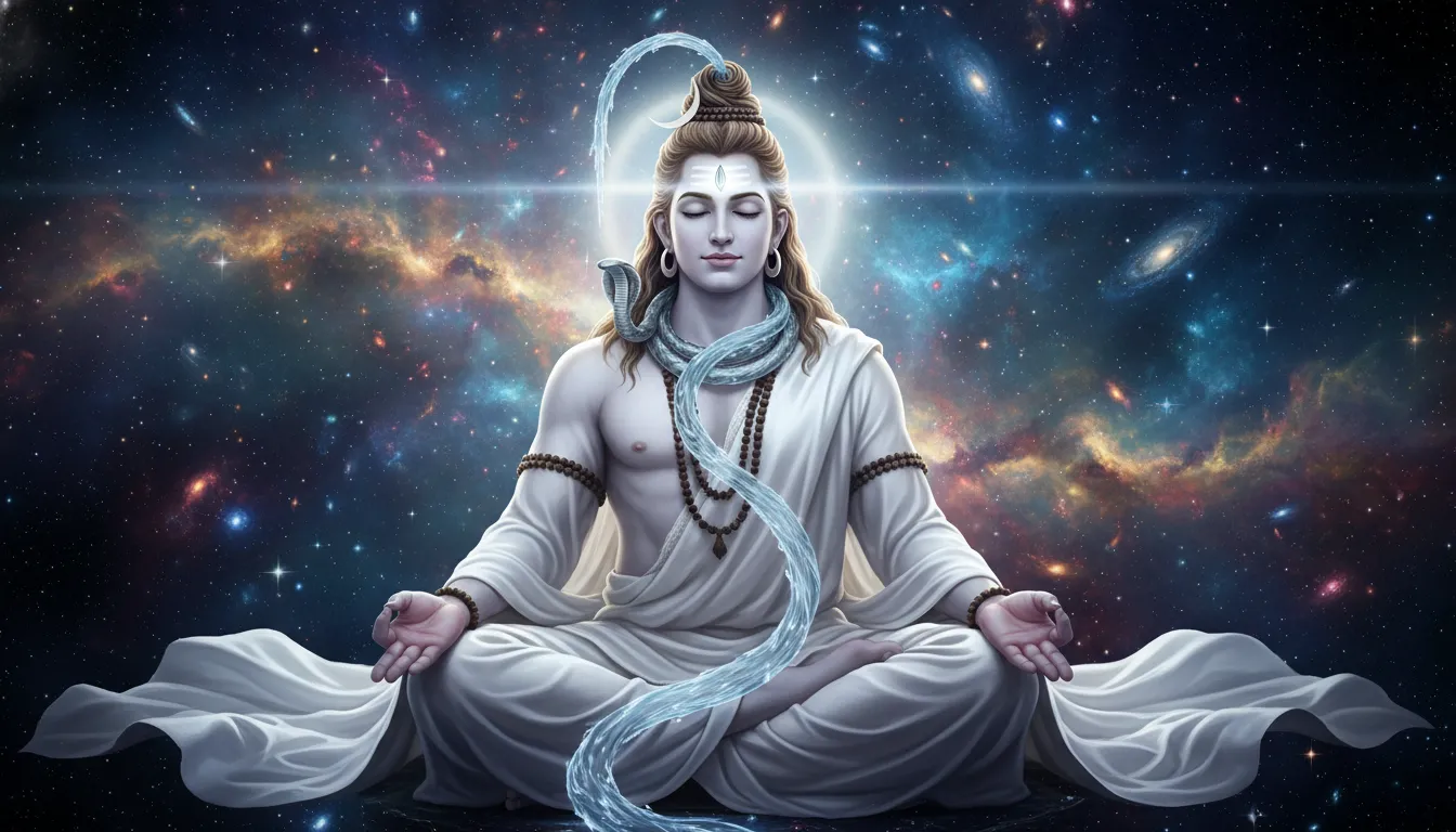Lord Shiva wearing a pure white dress meditating calmly surrounded by a swirling galaxy and stars.