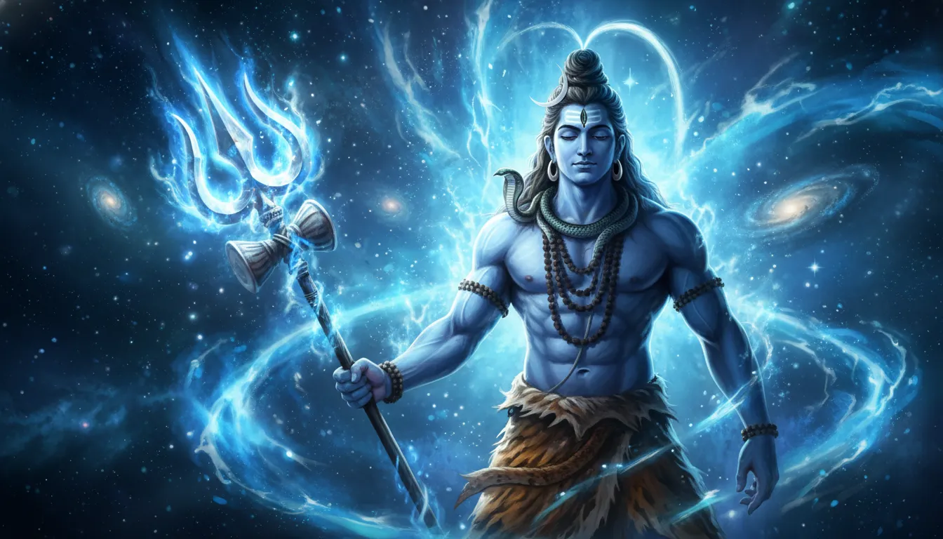 Lord Shiva holding a glowing blue trident under a starry sky.