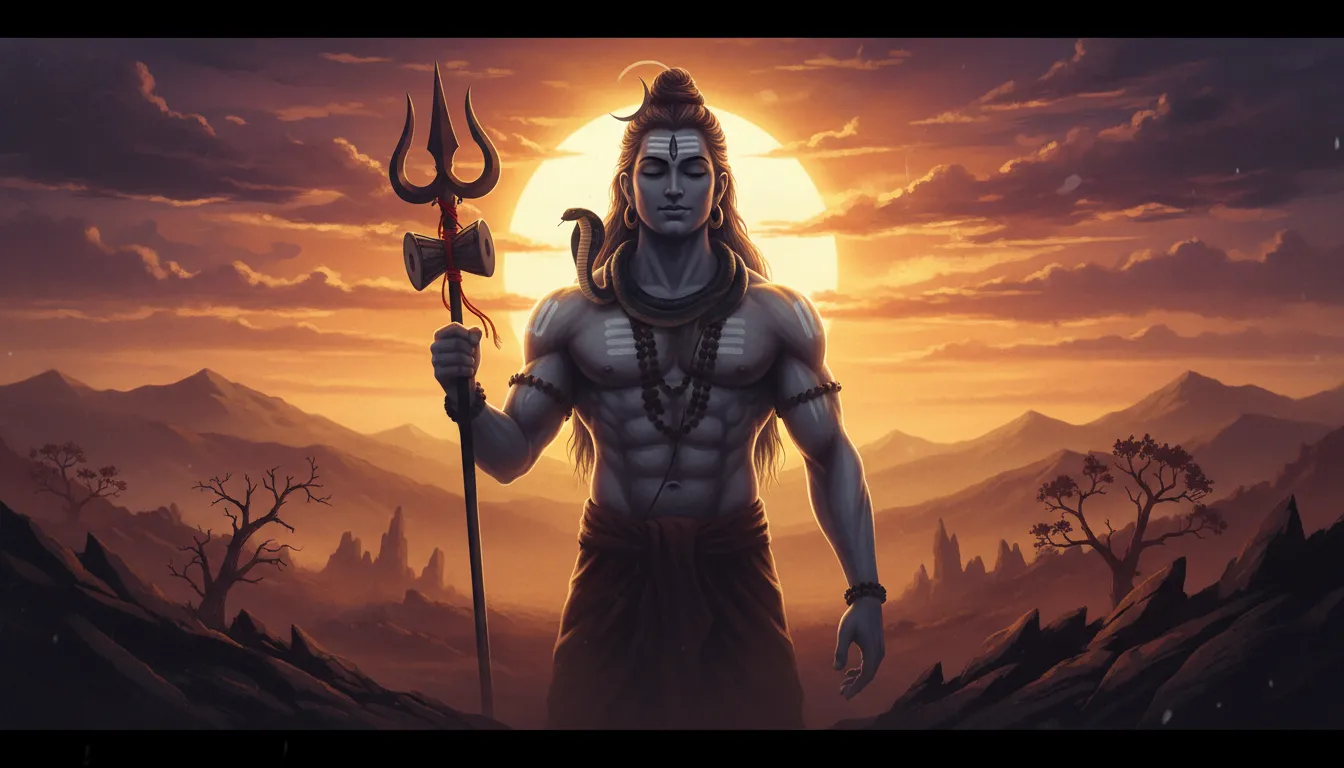 Lord Shiva standing majestically with his sacred Trishul and Damru.