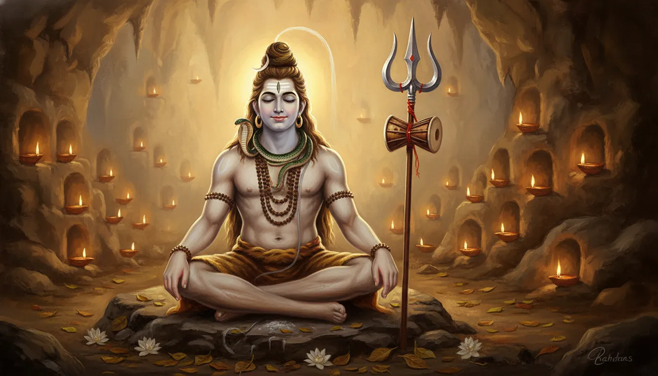 Mahadev meditating with his sacred Trishul and Damru placed beside him