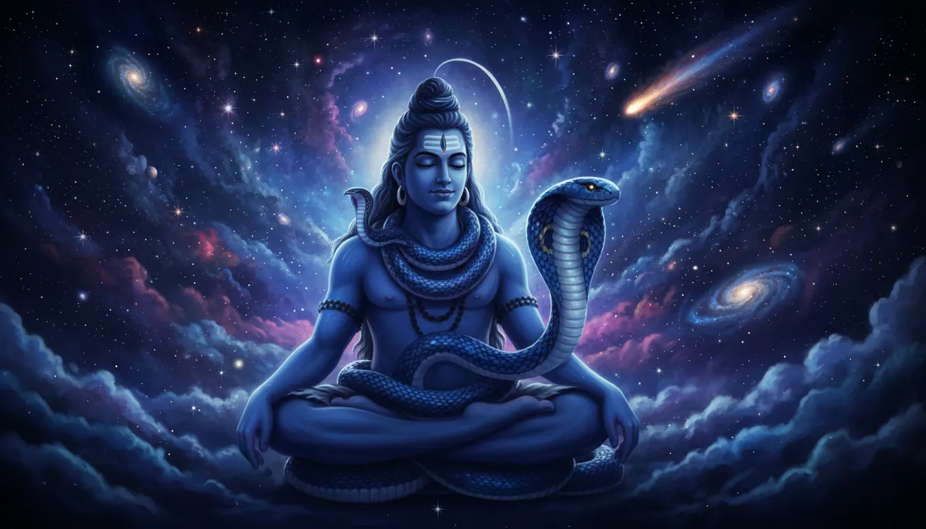 Mahadev with snake around neck in cosmic divine landscape with stars