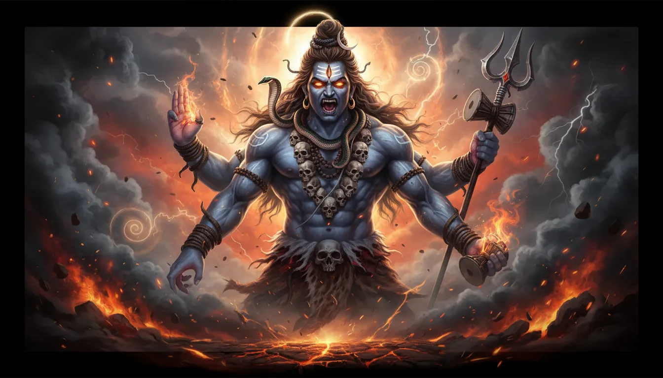 Angry Lord Shiva with multiple arms, glowing eyes, skull necklace, and fiery storm background.