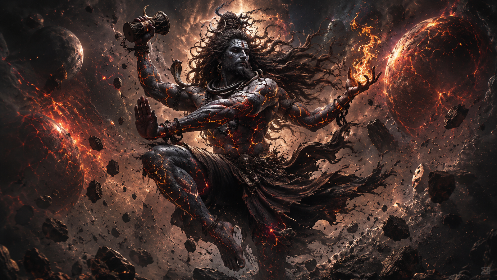 Dark fantasy artwork of Lord Shiva as Mahakal dancing amidst cosmic destruction and scattering ash