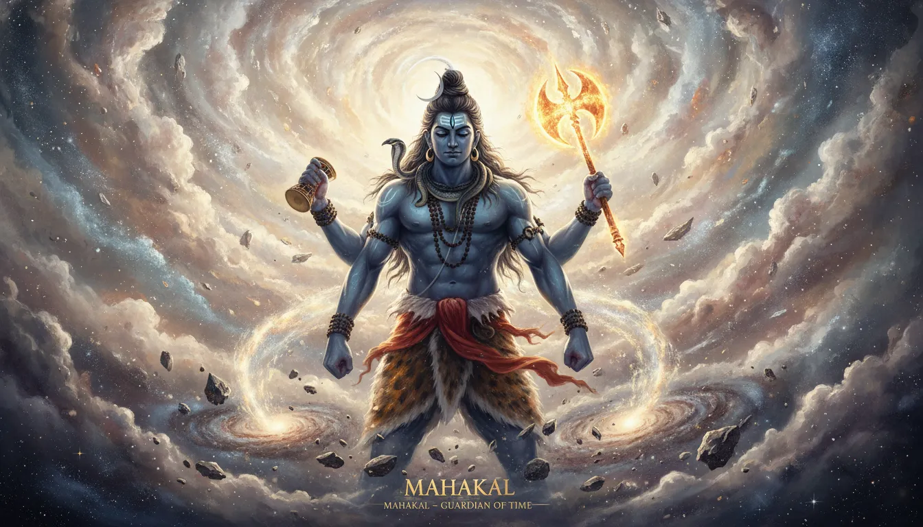 Lord Shiva as Mahakal standing amidst a swirling vortex of stars and galaxies.