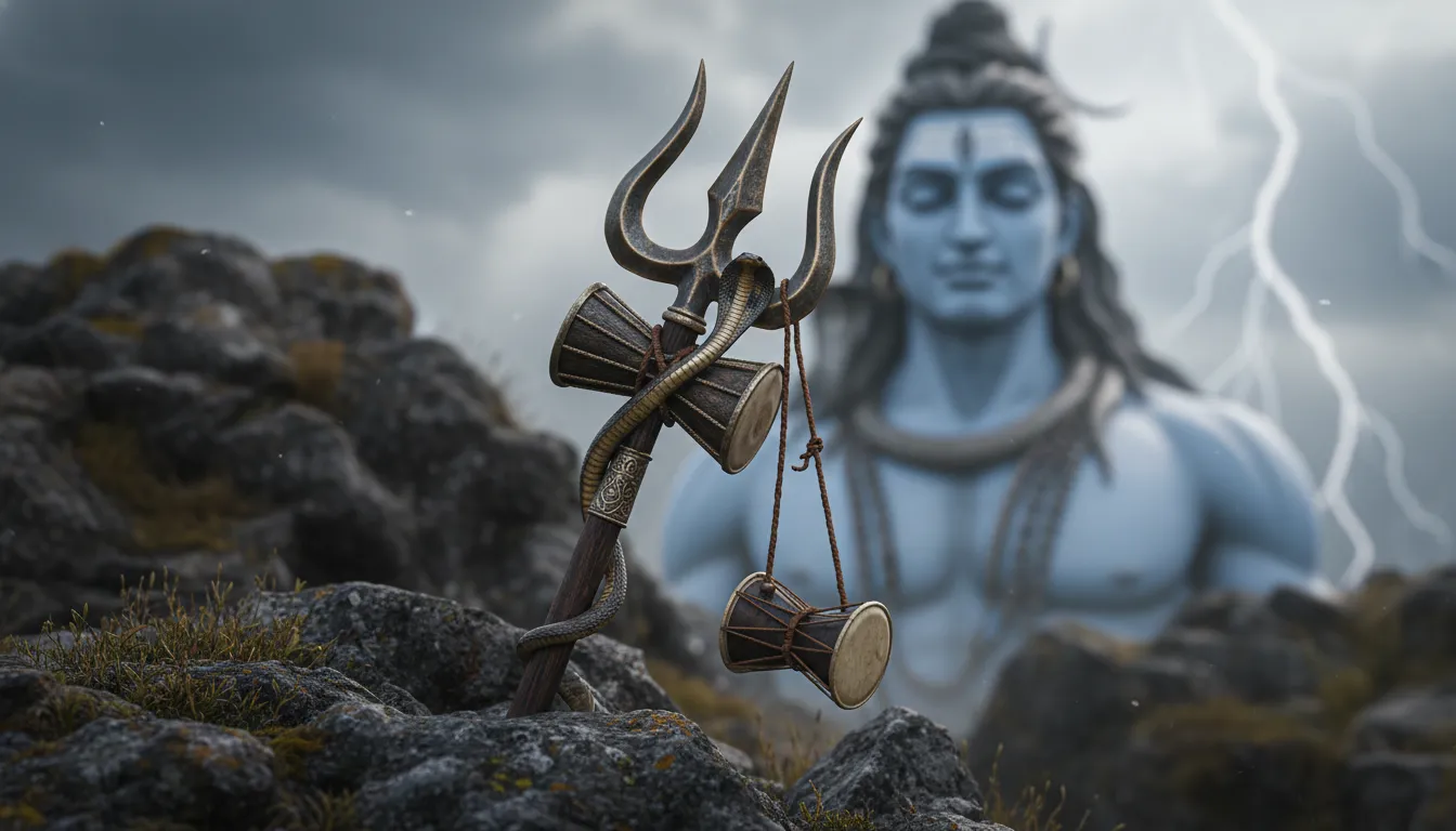 Close up HD photo of Mahakal Mahadev Trishul with Damru and snake